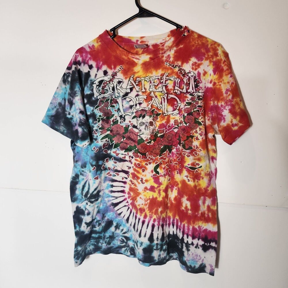 Vtg Grateful Dead Skull T Shirt Mens 1990s Allover Print Roses Tie Dye Large USA